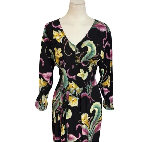 KAREN ALEXANDER Vintage 80âsâ Black Brocade Tropical Dress Size 6 Floral Party - Picture 3 of 14